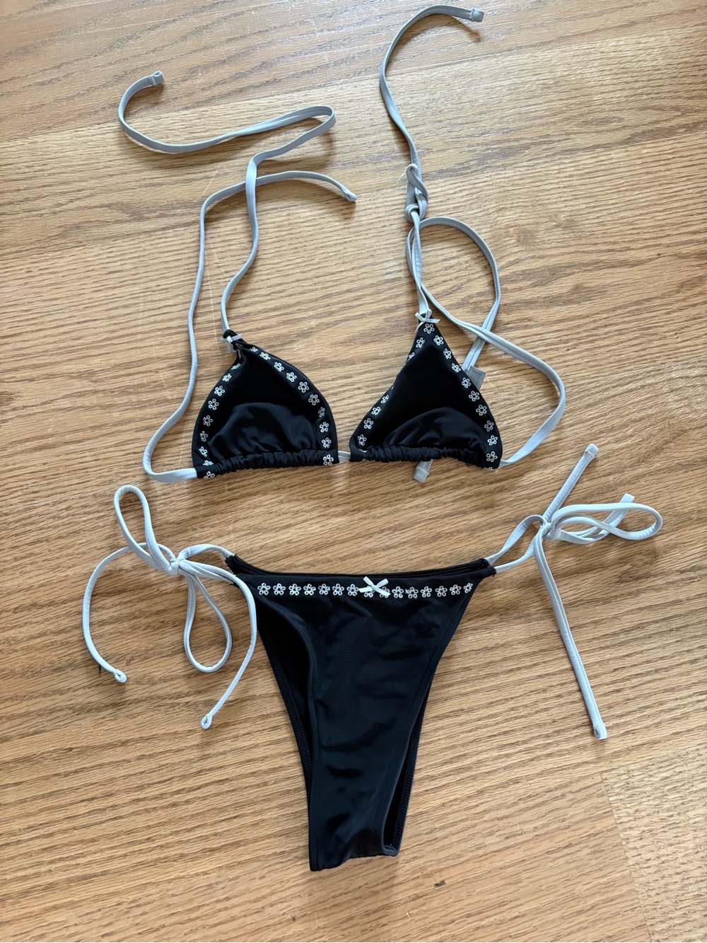 Frankie's Bikinis Black & Light Gray Floral Trim Triangle Bikini